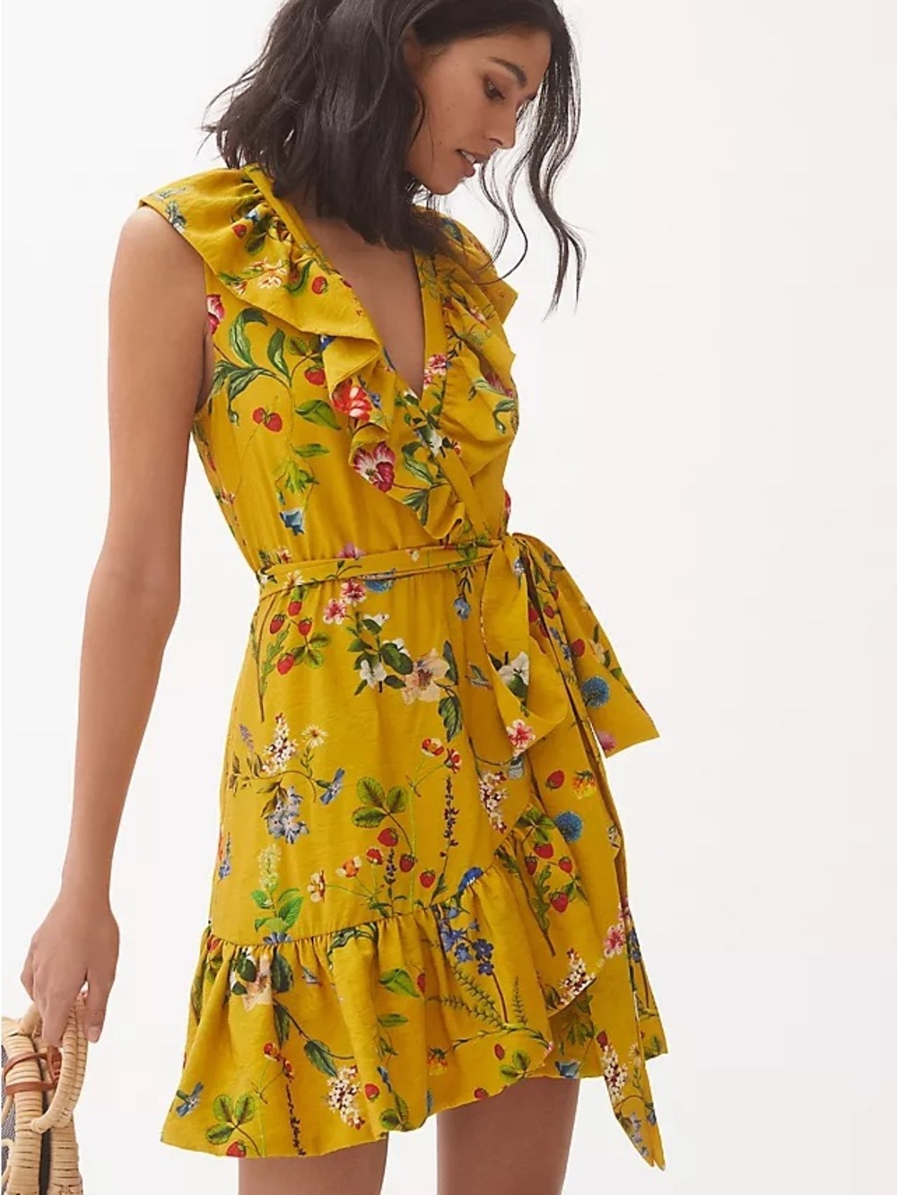 Anthropologie Maeve Floral Strawberry Print Mini Dress Sleeveless Ruffle Size L